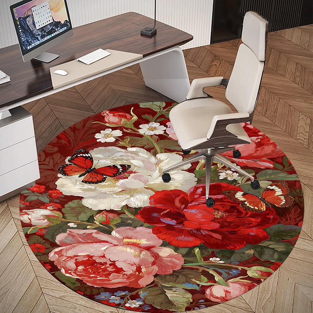 1pc Floral Butterfly Round Chair mat office Area Rug - Non-Slip, Floor Mat for Office, Bedroom, and Indoor Decor p127019