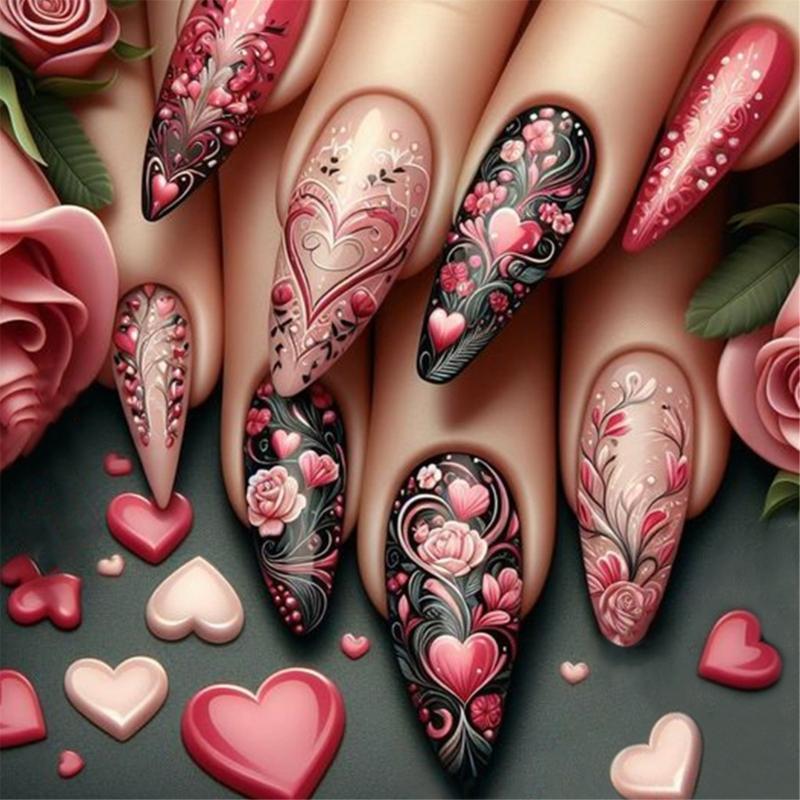 

24 Pcs Medium Almond Press On Nail Heart Artificial Nail Valentines Day False Nail Flowers Stick on Nail for Holiday 1