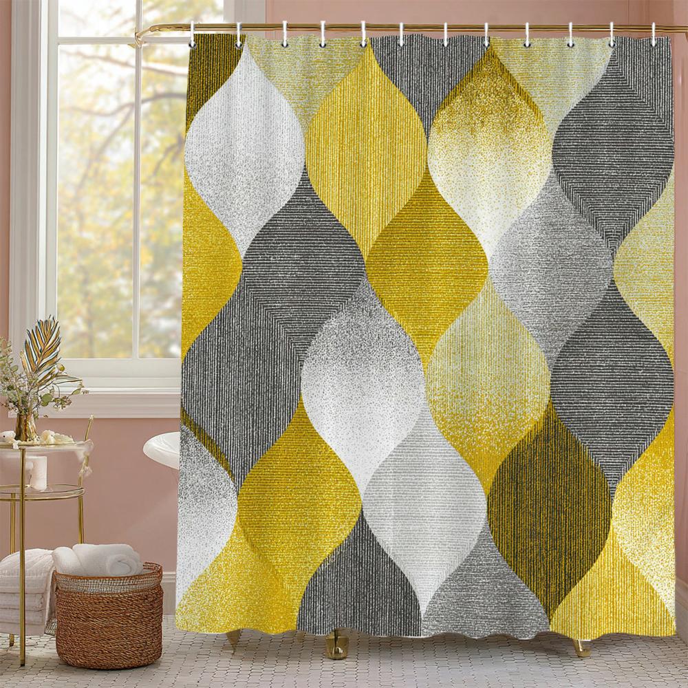 1Pc Golden Abstract Geometry Print Shower Curtain Partition Privacy Hanging Curtain With 12 Hooks Multiple Size Machine Washable
