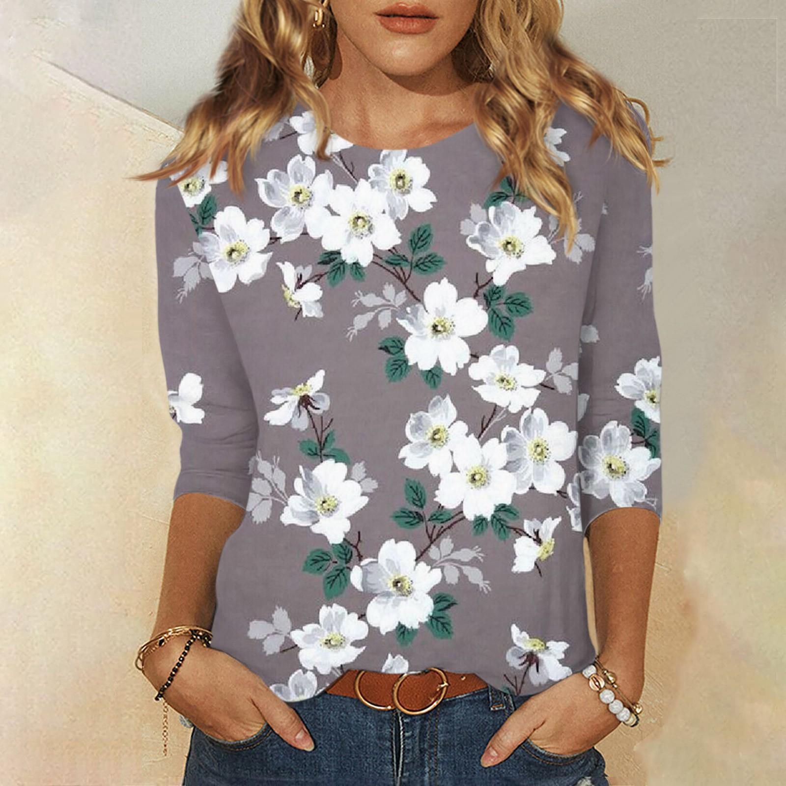 

Женская новая модная футболка с круглым вырезом и рукавами 3/4 с цветочным принтом, тонкий топ, повседневные топы XXL белый
