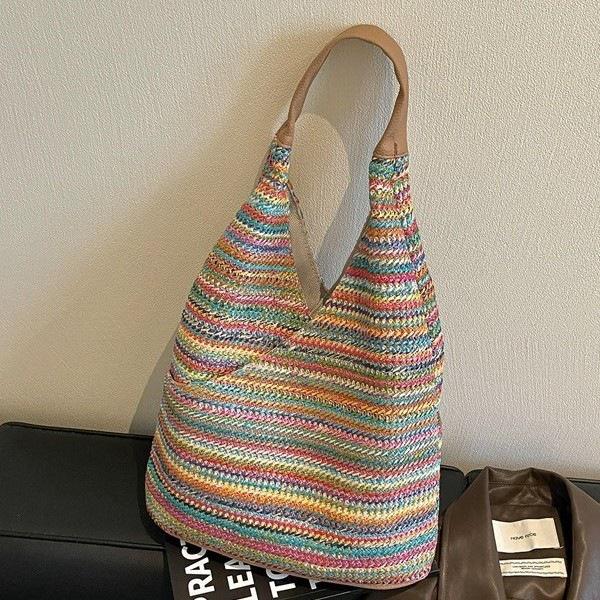 2023 Trendy Women's Large Capacity Textured Straw Tote & Shoulder Beach Bag