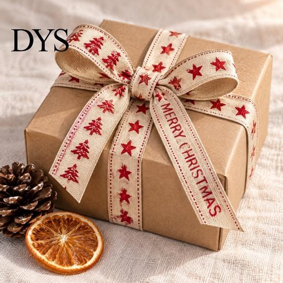 Christmas Gift Wrapping Ribbon Packaging Ribbon, Cotton And Faux Linen Decorative Fabric Roll for Holiday Red Beige Xmas Printed Wrapping, Floral