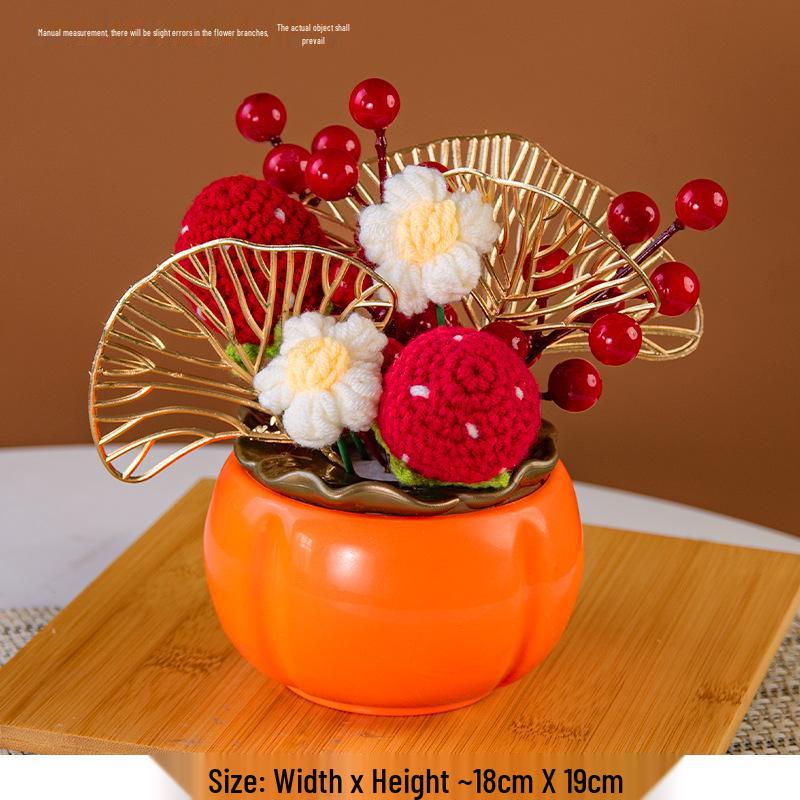Ruyi New Year Knitted Ornament: Persimmon, Strawberry, Apple Flowers & Year of the Horse Decor