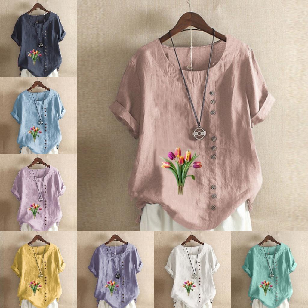 Women's Fashion Tulips Prined Short Sleeve T-shirt Loose Cotton Shirt Casual Loose Summer Blouse Tops Plus Size