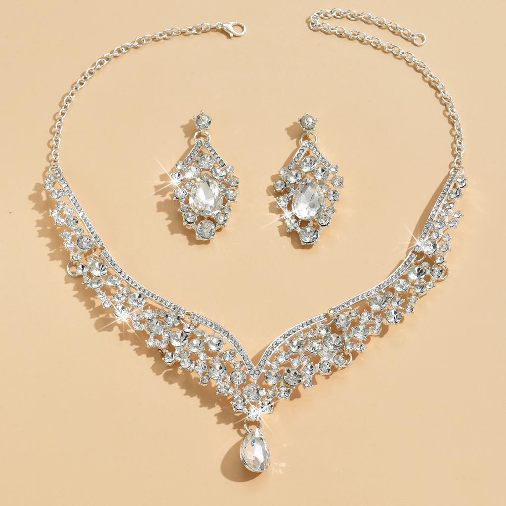 3PC Wedding Season Women's Fashion Full Zircon Water Drop Necklace Earrings Zircon Set Wedding Banquet Party Holiday Gift