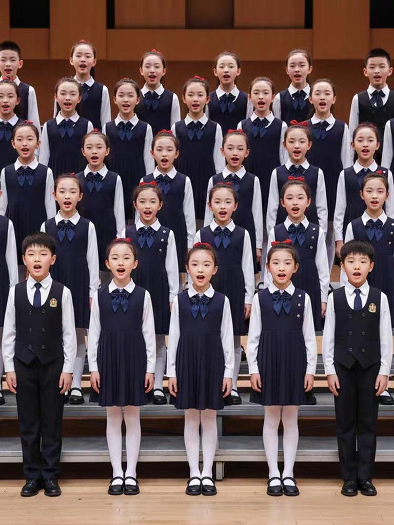 Children's Patriotic Choir Costumes - Boys & Girls Blue Outfits with Red Scarf for Recitation Competitions