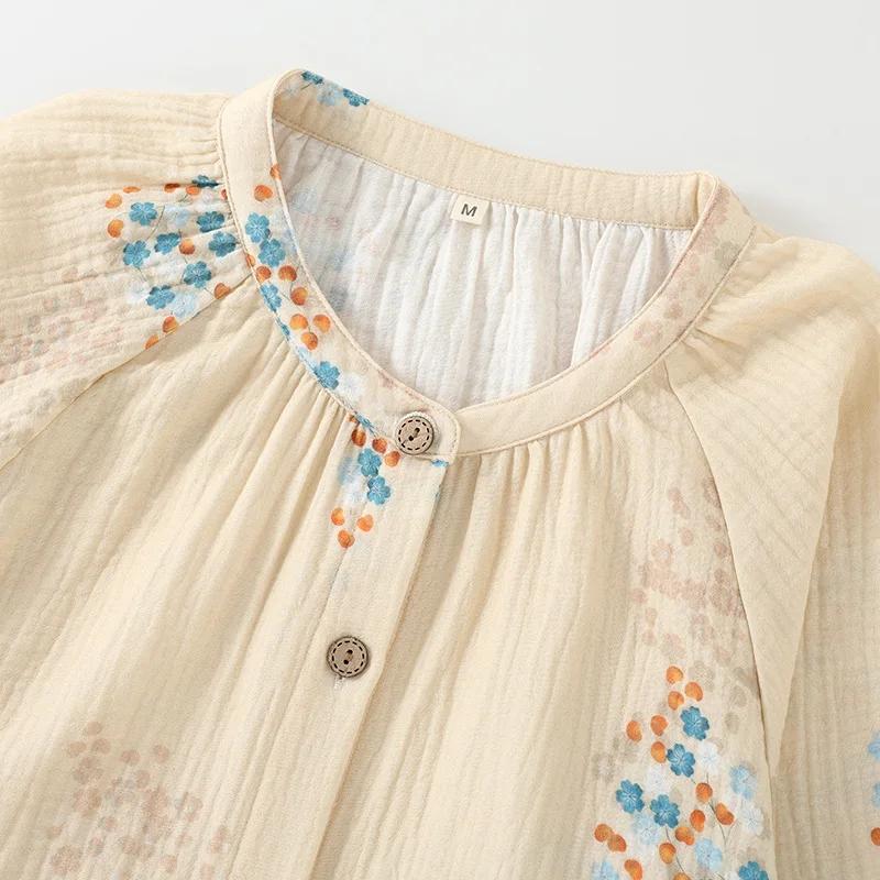 Cotton Double-layer Gauze Pajamas Women's Spring and Autumn Thin Round Neck Long-sleeved Loose Loungewear Set