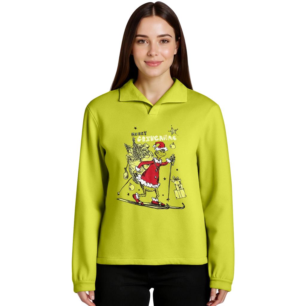 Women's Stand-up Collar Long-sleeved Pullover Top, Christmas Print Sports Top