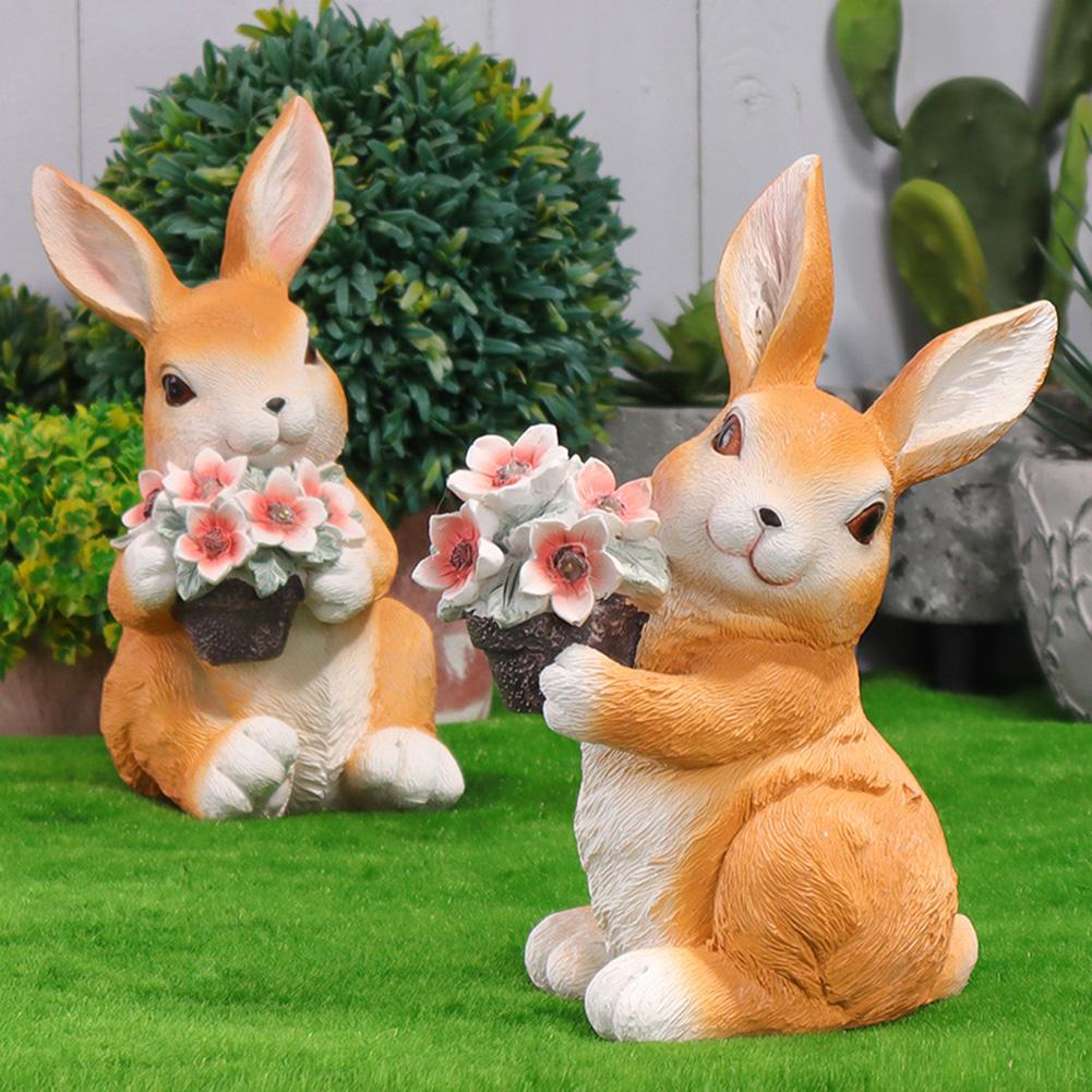 Kaninchen-Gartenstatue mit solarbetriebenem Blumenlicht, Kaninchenfigur, wasserdichte Kaninchen-Skulptur für den Außenbereich, Garten- und Hofdekoration