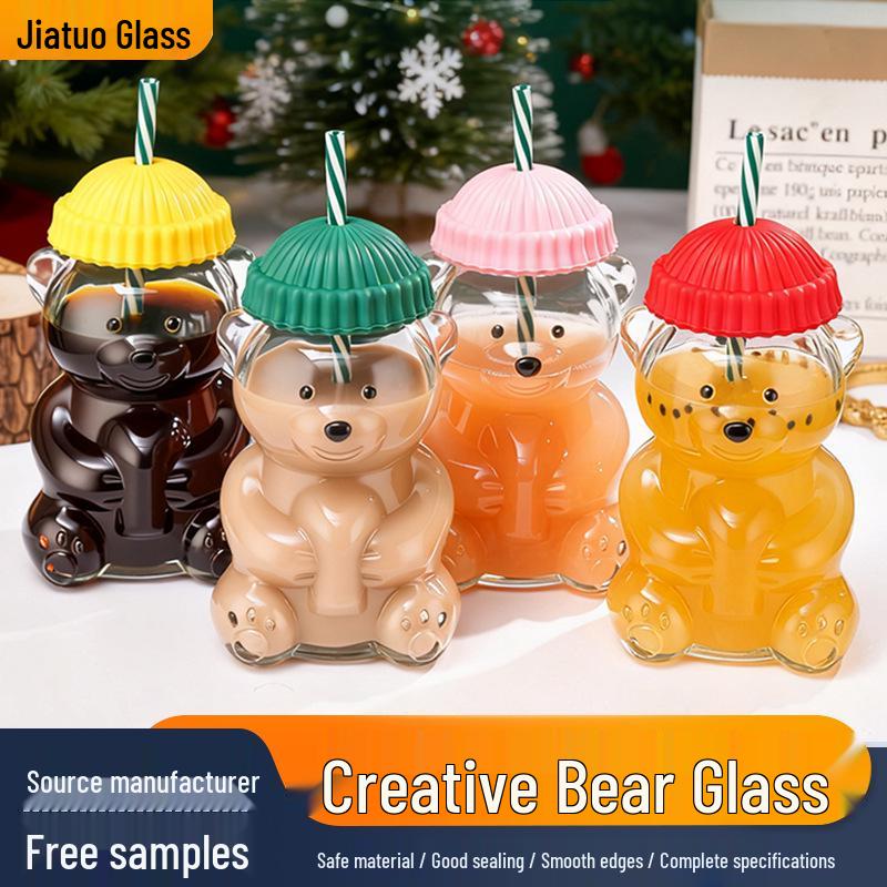 Creative Teddy Bear Glass Straw Cup: Cute, Cartoon, 600ml, High-Value, Perfect for Coffee