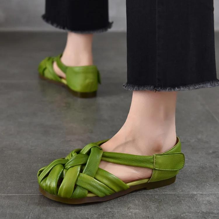 Johnature Genuine Leather Flat Roman Sandals Woven Hollow-out Breathable Women's Shoes