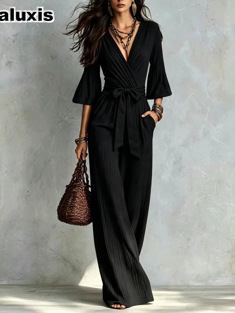 Autumn French Style Deep V Bubble Sleeve Wide Leg Pants Women High Waist Long Romper