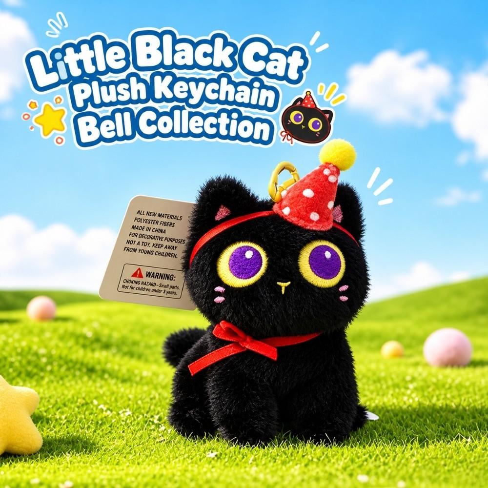 With Bell Big-eyed Cat Plush Pendant Cartoon Black Cat Plush Toy Black Cat Keychain  Girls Gifts
