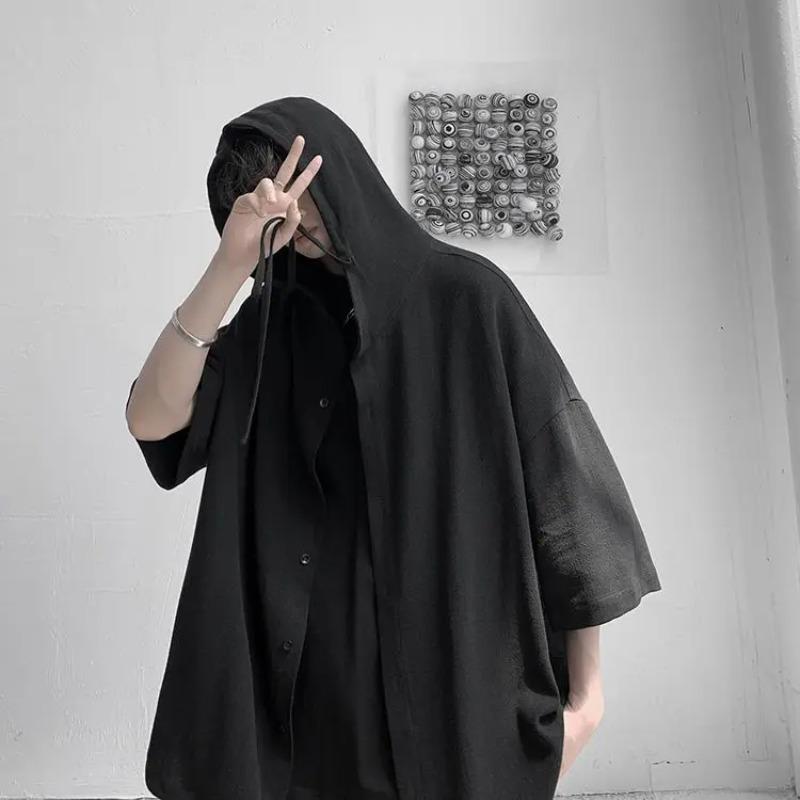 Camicia Oversize Vintage Stile Giapponese Estiva Uomo Casual Larga con Cappuccio Blusa All-Match Moda Streetwear Abbigliamento
