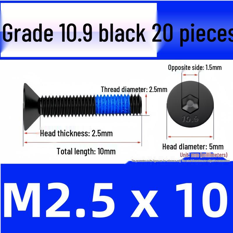 Black Anti-Slip Flat Cup Screw with Adhesive Blue Glue, Countersunk Hexagon Socket, Available in M2-M8 Sizes