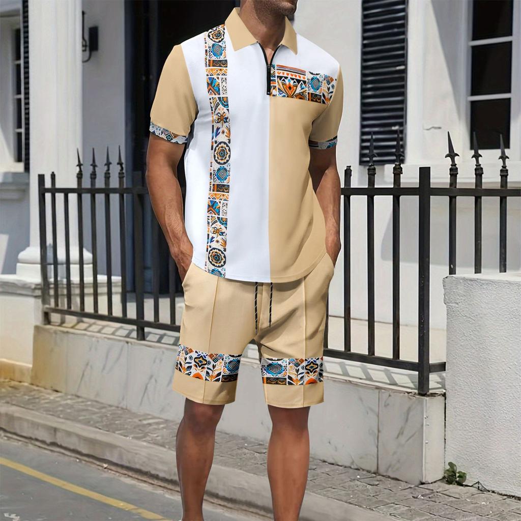 Herren grenzüberschreitender Anzug Sommer Druck Reißverschluss Farbblock kurzärmlig Shorts lässig Sport zweiteiliges Set
