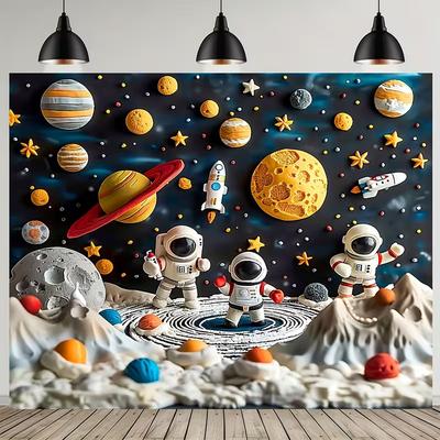 2D Boys Space Party Backdrop, Cute Astronauts & Solar System Photo Banner