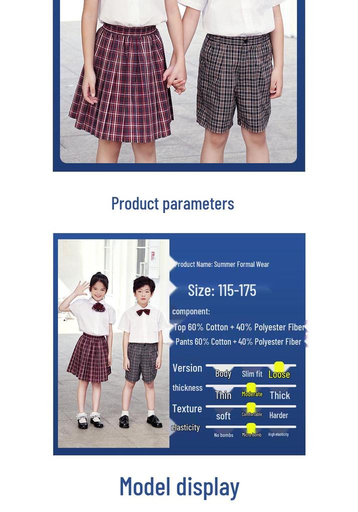 Shenzhen School Uniform Summer Set for Primary Boys & Girls: Short-Sleeved Shirt, Plaid Pants, Skirt, Short Skirt, and Bow Tie
