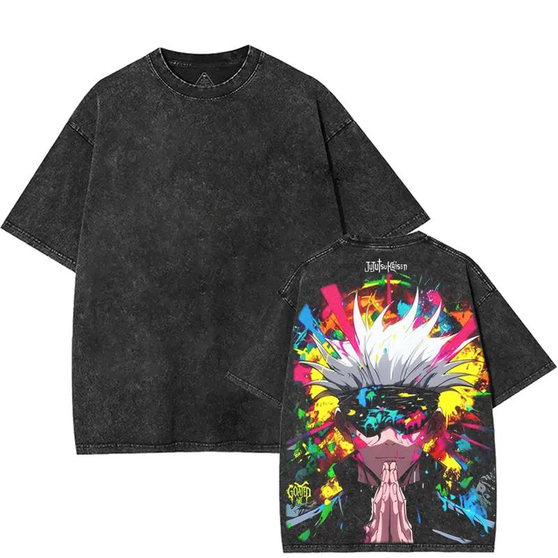 

Годжо Сатору Магическая битва Аниме Одежда Мужская Женская Футболки Оверсайз Футболки с Коротким Рукавом Выстиранная Футболка Хлопковая Футболка Харадзюку Топы XXL чёрный