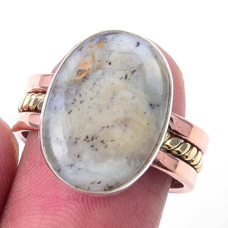

Natural Dendrite Opal Gemstone 925 Sterling Silver TwoTone Gift Ring S.8 O2i59