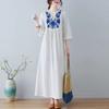 Spring Women Linen Floral Embroidery V Neck Maxi Dress