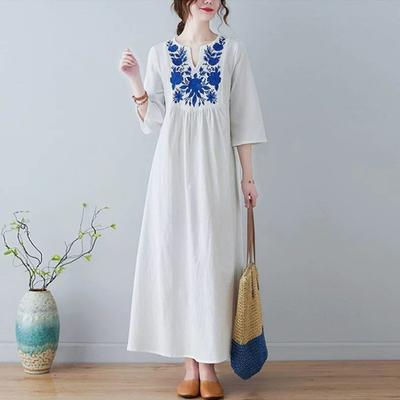 Spring Women Linen Floral Embroidery V Neck Maxi Dress