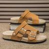 Men's Fashion Double Buckle Slide Sandals Classic Style Adjustable Suede Slippers Non-Slip Thick Sole Comfort Slides for Indoor Outdoor