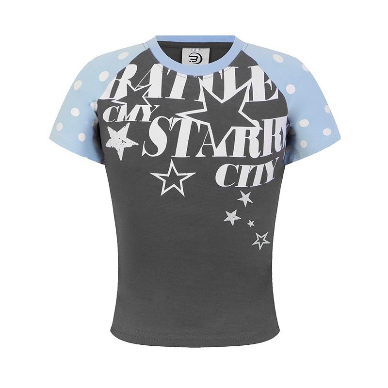 

American contrasting color polka dot shoulder sleeve short sleeve T-shirt women s summer thin letter print versatile top tide L темно-сірий
