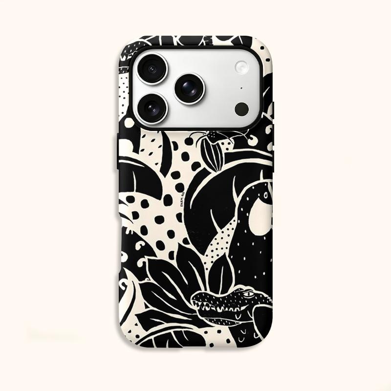 Artistic Graphic Black White Botanic Leaves Hidden Cat Pattern Line Film Aesthetic Protective Shockproof Bumper Cover For iPhone 14 15 16 Pro Max Plus