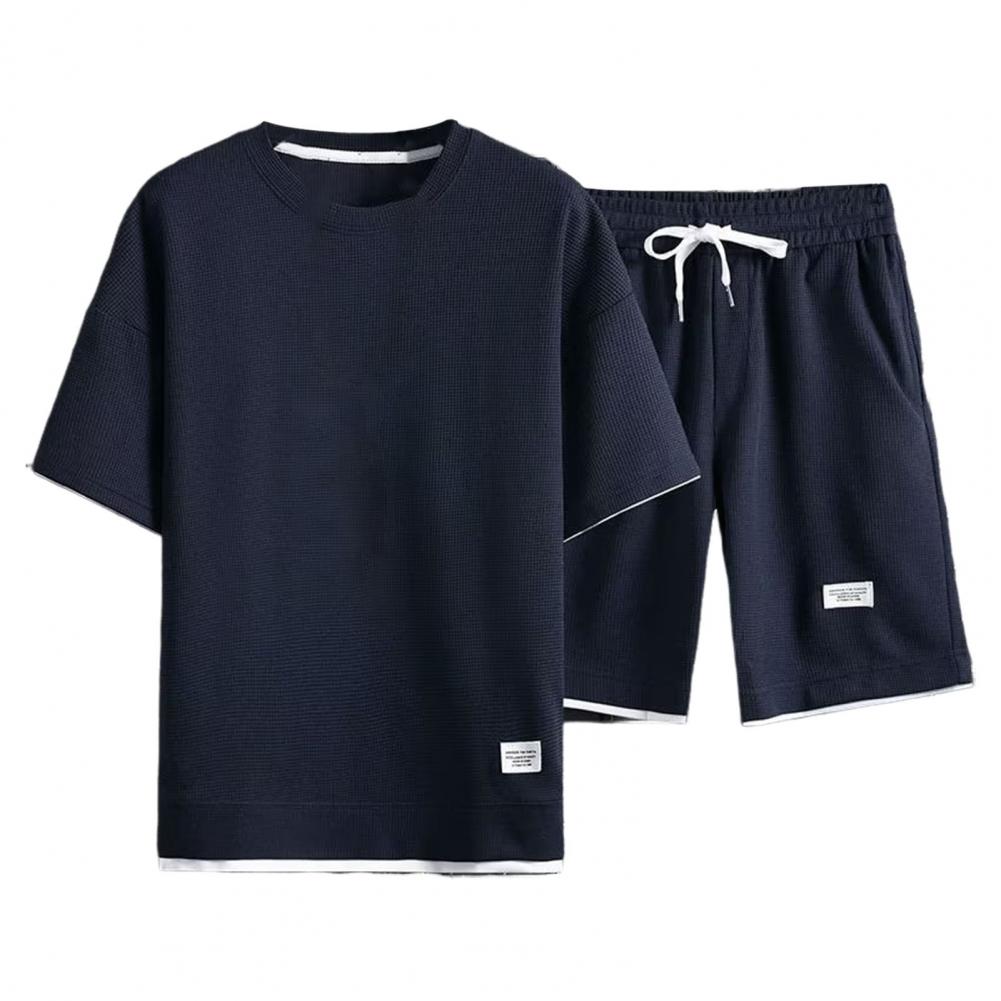 

2 шт./комплект мужской летний спортивный костюм с коротким рукавом и круглым вырезом футболка с эластичной резинкой на талии регулируемые широкие шорты с вафельной текстурой M темно-синий