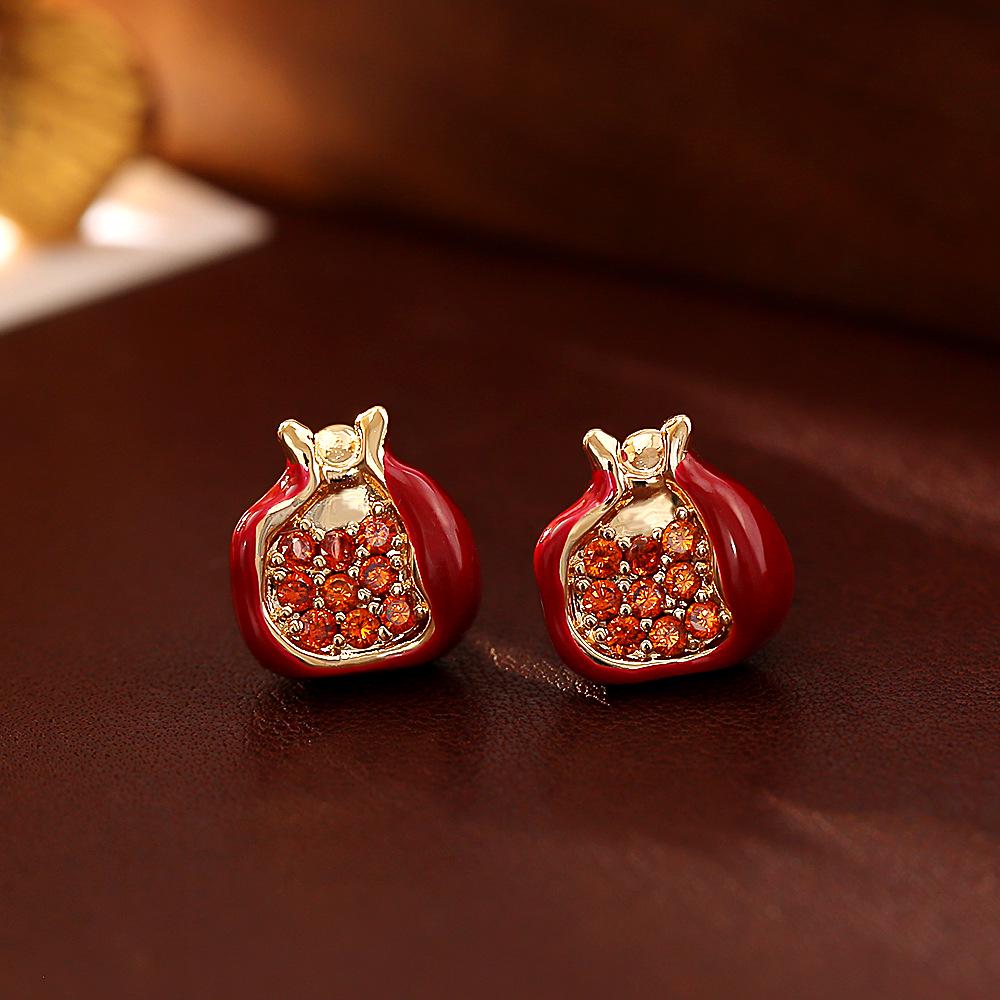 Festive Red Pomegranate Zircon Pendant Necklace & Enamel Bracelet with High-End Earrings Set