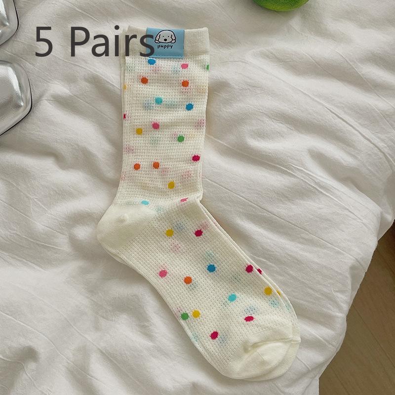5 Pairs of Women's Summer Thin Lovely Polka Dot Mesh Breathable Tube Socks