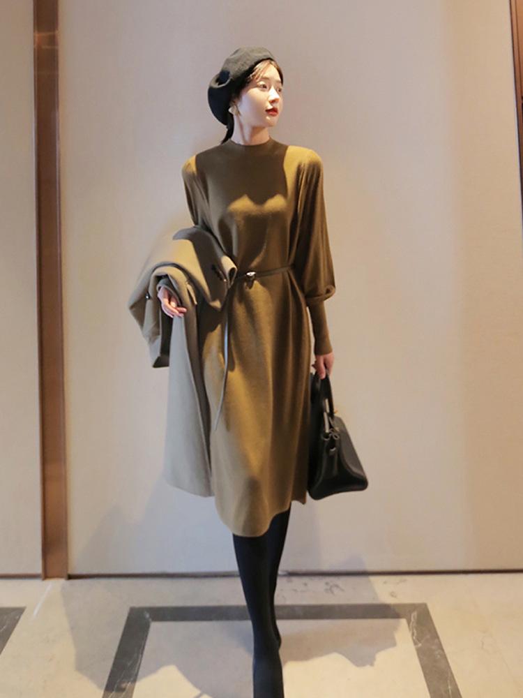 

Свитер-платье средней длины с полуворотником, однотонное, женское, осенне-зимнее, простое и тонкое, для ношения под низ One Size оливковое зеленый