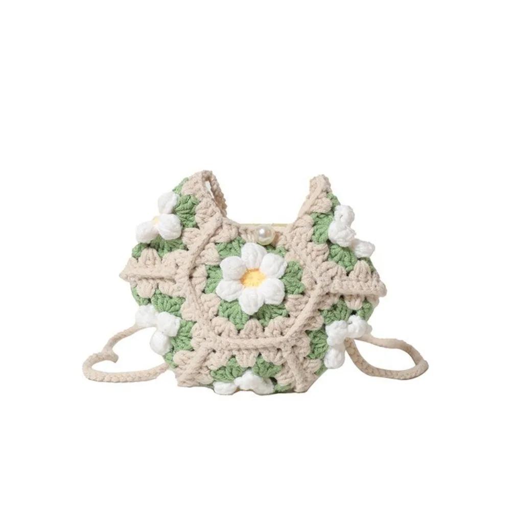 Zoete Handgemaakte Haak Crossbody Tas Bloemenpatroon Stof Garen Schoudertas Gebreide Armholte Tas white