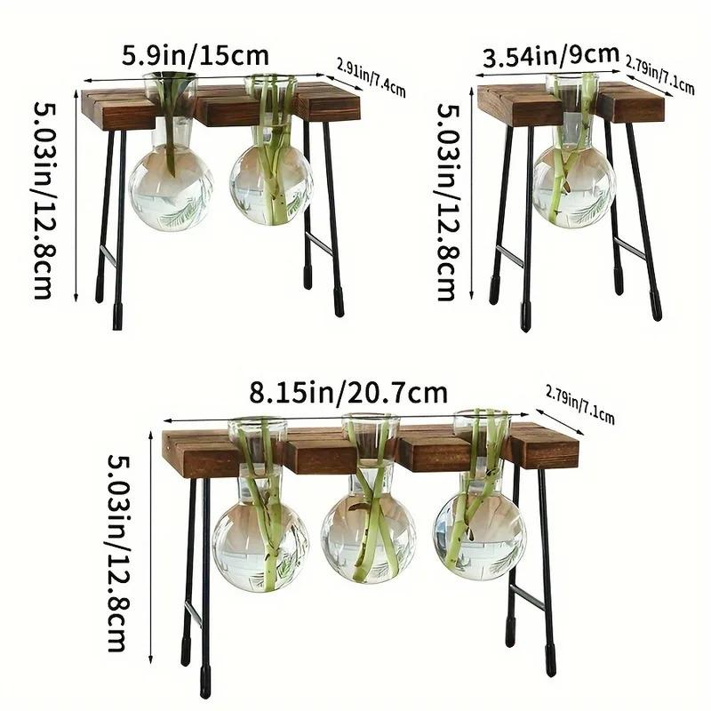 Modern Wooden Frame Hydroponic Planter Glass Bulb Vase Indoor Bonsai Decor for Desk
