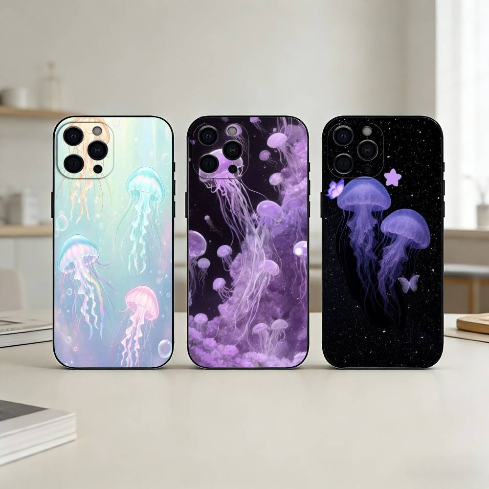 INS C-Cartoon Jellyfish Phone Case Silicone black Soft For IPhone 17,16,15,14,13,12,11,SE,Plus Pro Max