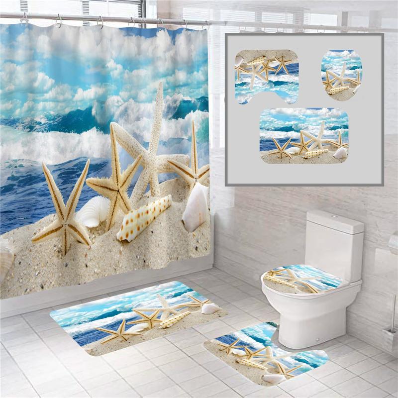 18 Colors 4Piece Marine Style Dolphin Waterproof Shower Curtain Set Anti-slip Mat Base Carpet Toilet Cover Pad Bathroom Kit