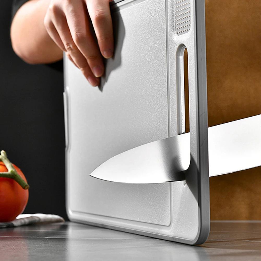 Foldable Double-Sided Thawing Cutting Board 4-in-1 Aluminum Alloy Chopping Board with Knife Sharpener and Garlic Grinder