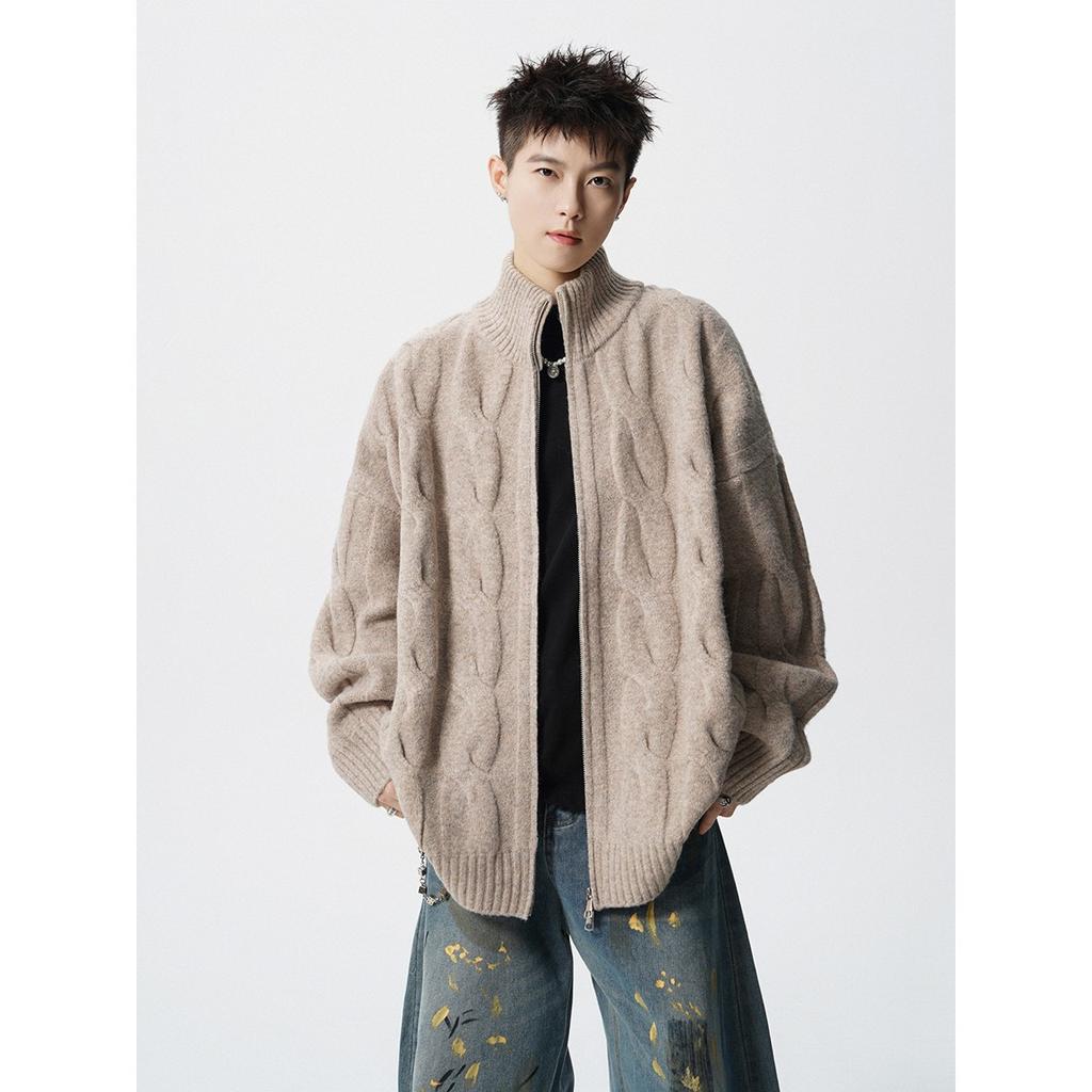 American solid color texture knitted cardigan jacket men's and women's autumn and winter new loose lazy style casual zipper sweater