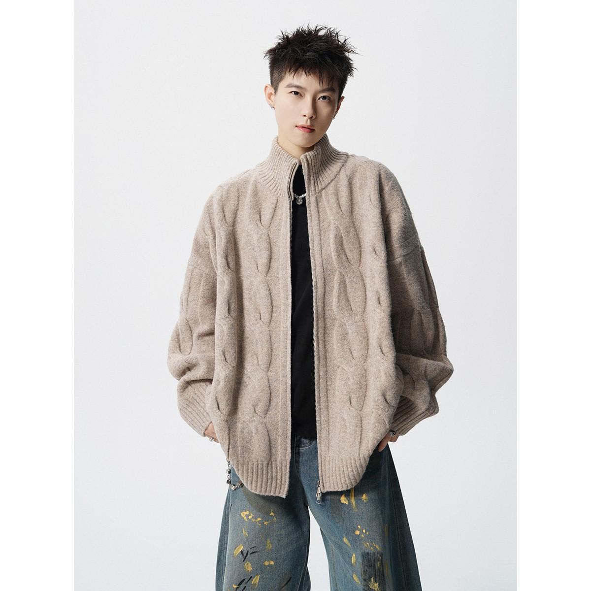 Американский однотонный текстурный вязаный кардиган-куртка мужской и женский осенне-зимний новый свободный ленивый стиль повседневный кардиган на молнии 2XL хаки 3430₽