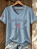 ilstile Women's America 250 Years Print T-Shirts Summer Short Sleeve Casual Loose T Shirt V Neck Tops White Tees Hot Sale
