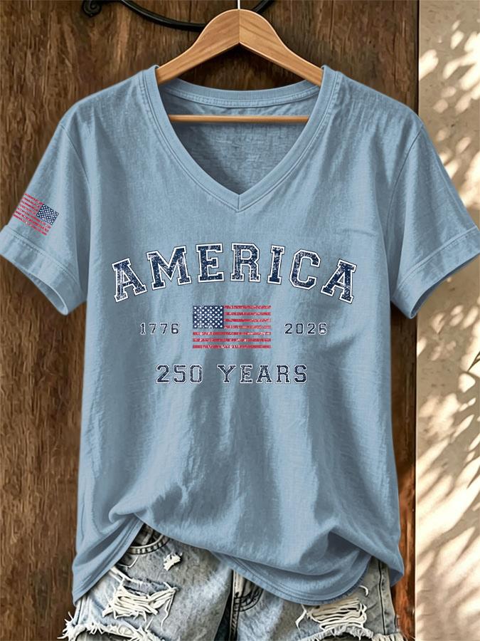 ilstile Women's America 250 Years Print T-Shirts Summer Short Sleeve Casual Loose T Shirt V Neck Tops White Tees Hot Sale
