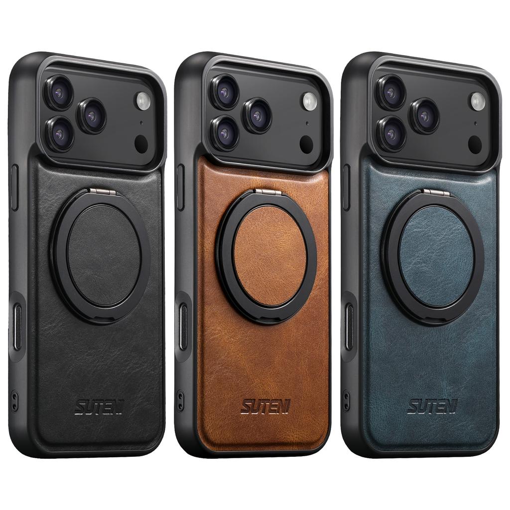 360 Rotating Magnetic Kickstand Waxed Grain Leather Phone Case for iPhone 17 Pro Max 16 15 14 13 12 Shockproof For Magsafe Cover