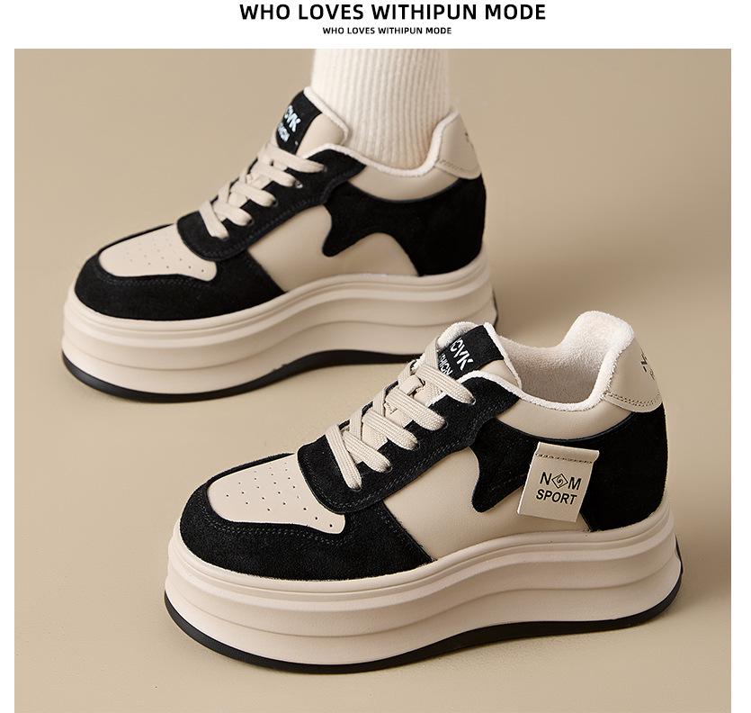 Women's 2024 Genuine Leather & Velvet Dad Shoes: Autumn/Winter Thick-Soled, Height-Enhancing, Versatile Casual White Shoes