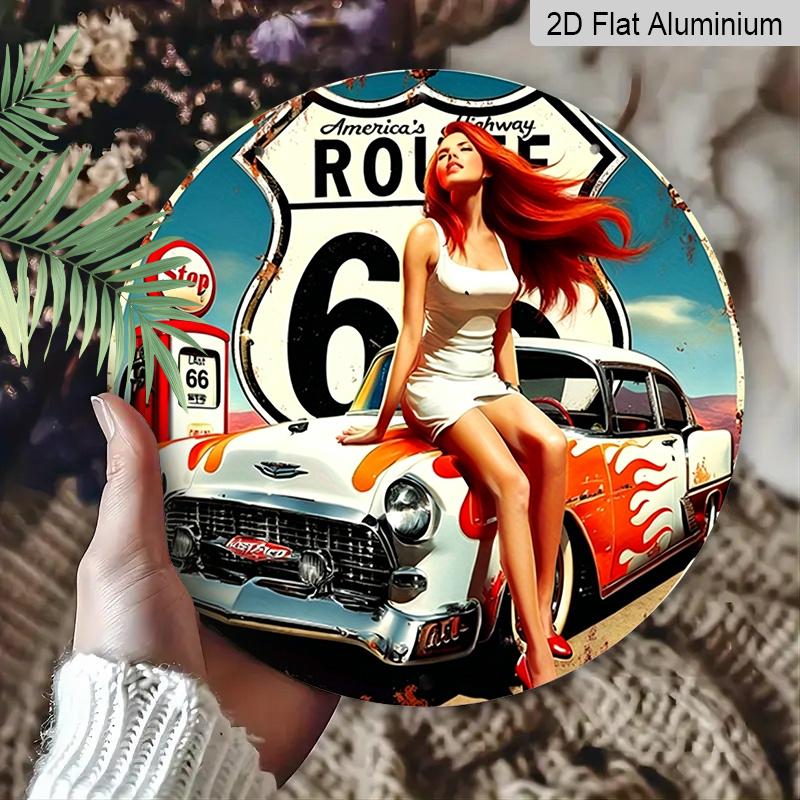 2D Flach, 1 Stück Rundes Aluminium-Hängeschild - Vintage Route 66 Pin-Up Girl Metall-Wandkunst, Retro Klassisches Auto & Zapfsäule Design, Perfekt für die Man Cave