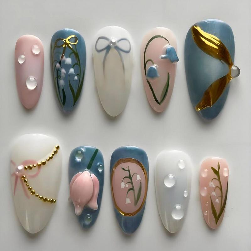 24 SZT. Różowy Błyszczący Róż Aurora Francuskie Paznokcie na Doczepienie Słodki Cool Kok Gwiazda z Uroczy 3D Serce Perła Sztuczne Paznokcie Migdałowe Sztuczne Paznokcie