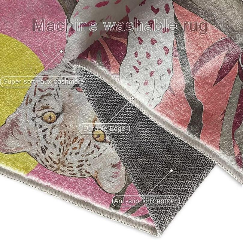 Retro Nordic Style Living Room Carpet Large Area Leopard Print Bedroom Rugs Machine Washable Foldable Non-slip Coffee Table Mats
