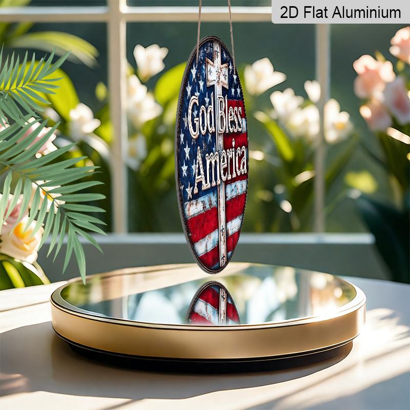 2D Flat, 1pc Vintage "God Bless America" Patriotic Metal Sign with US Flag & Cross Wall Decor, Ideal for Home, Office, for Man Cave, Veterans Day