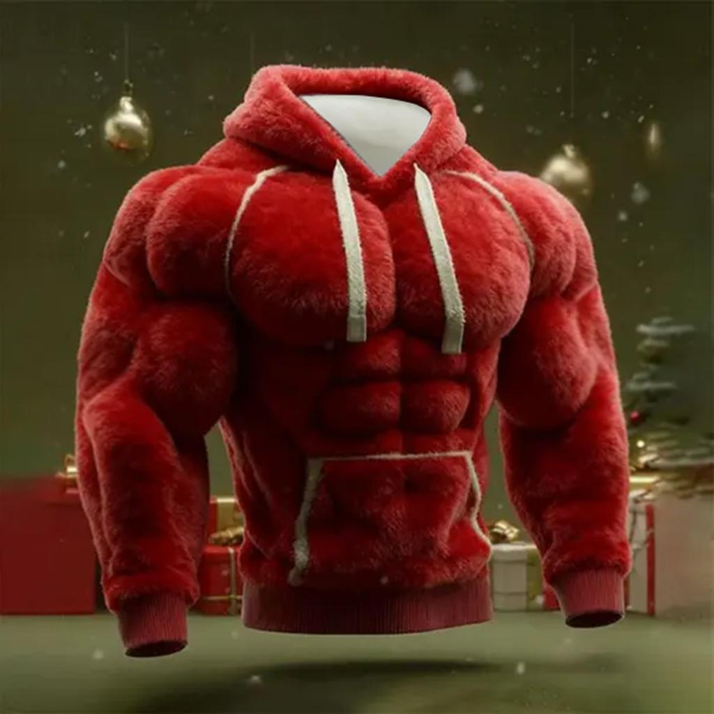 Men's Christmas Muscle Ugly Print Long-Sleeve Casual Sports Hooded Sweatshirt