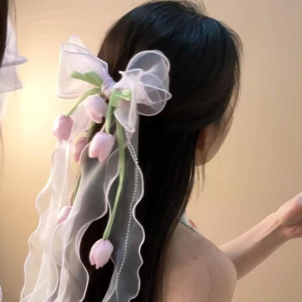 Fairy Style Tulip Hair Clips Mesh Ribbon Organza Bowknot Barrette Muguet Flower Hairpin Feminine